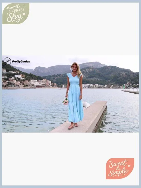 Flowy Maxi Dress with Smocked Top V Neck Cap Sleeve Summer Casual - Picture 7 of 7